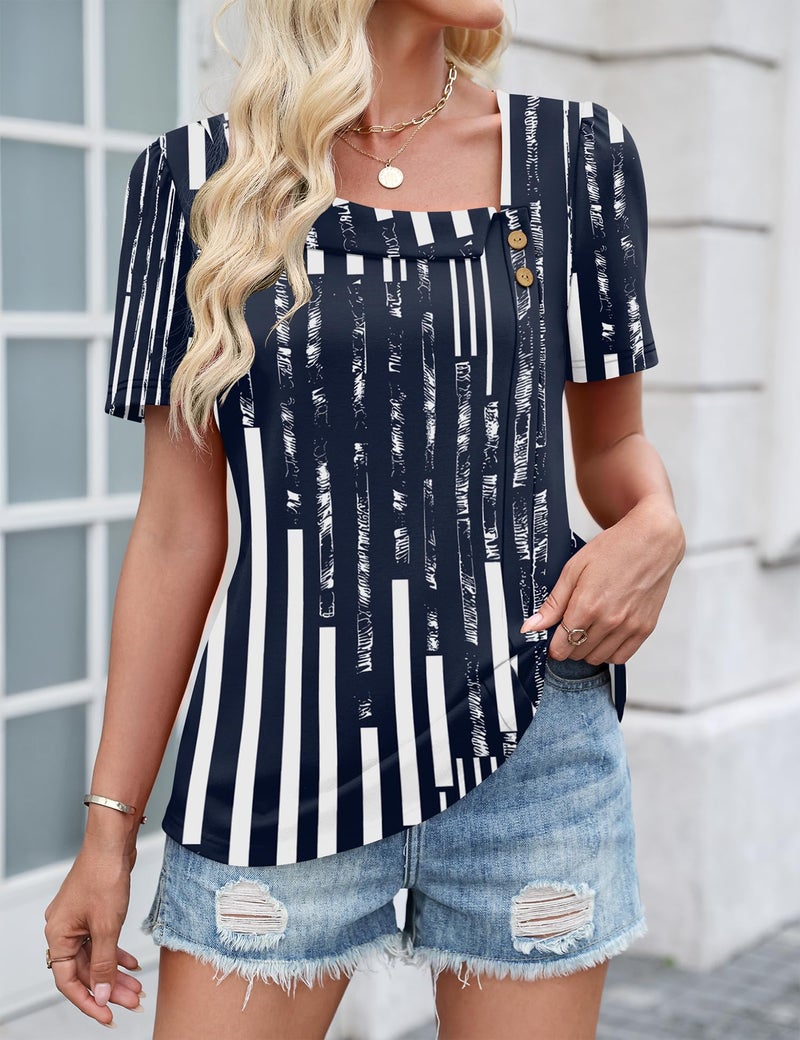 LUYAA Tops for Women Trendy Summer Womens Short Sleeve Blouses Loose Fit Dressy Business Casual Elegant Work Outfits Navy Blue Stripes XL - Image 3