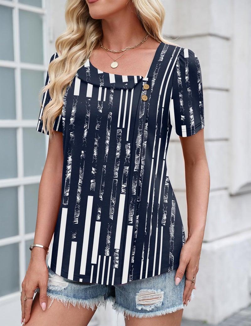 LUYAA Tops for Women Trendy Summer Womens Short Sleeve Blouses Loose Fit Dressy Business Casual Elegant Work Outfits Navy Blue Stripes XL - Image 2