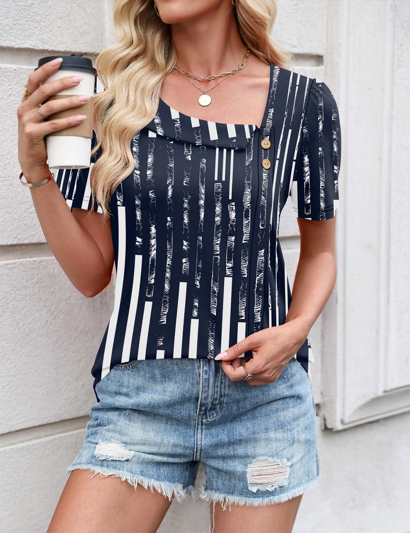 LUYAA Tops for Women Trendy Summer Womens Short Sleeve Blouses Loose Fit Dressy Business Casual Elegant Work Outfits Navy Blue Stripes XL - Image 4