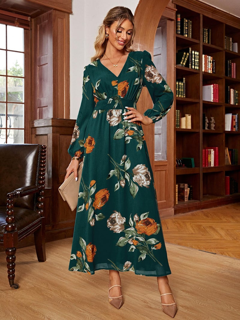 Simplee Apparel Simplee Women Casual Boho Floral Maxi Dress V Neck Long Sleeve Wedding Guest Dress Flowy Holiday Beach Empire Waist Long Dresses (Medium Emerald Green) - Image 2