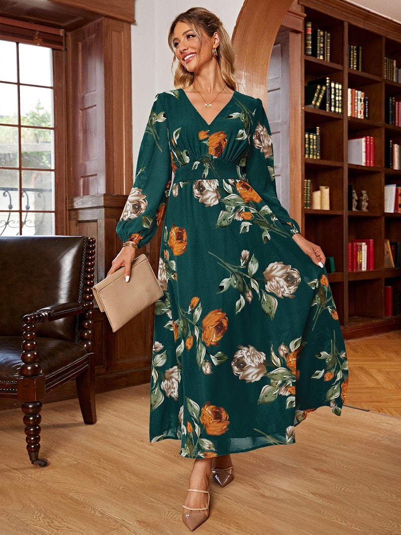 Simplee Apparel Simplee Women Casual Boho Floral Maxi Dress V Neck Long Sleeve Wedding Guest Dress Flowy Holiday Beach Empire Waist Long Dresses (Medium Emerald Green) - Image 3