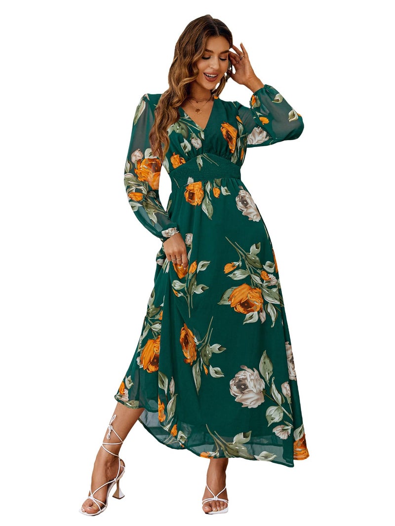 Simplee Apparel Simplee Women Casual Boho Floral Maxi Dress V Neck Long Sleeve Wedding Guest Dress Flowy Holiday Beach Empire Waist Long Dresses (Medium Emerald Green) - Image 1