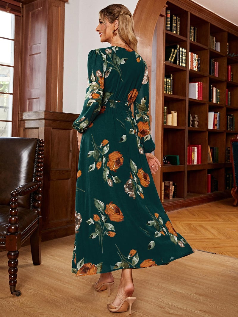 Simplee Apparel Simplee Women Casual Boho Floral Maxi Dress V Neck Long Sleeve Wedding Guest Dress Flowy Holiday Beach Empire Waist Long Dresses (Medium Emerald Green) - Image 4