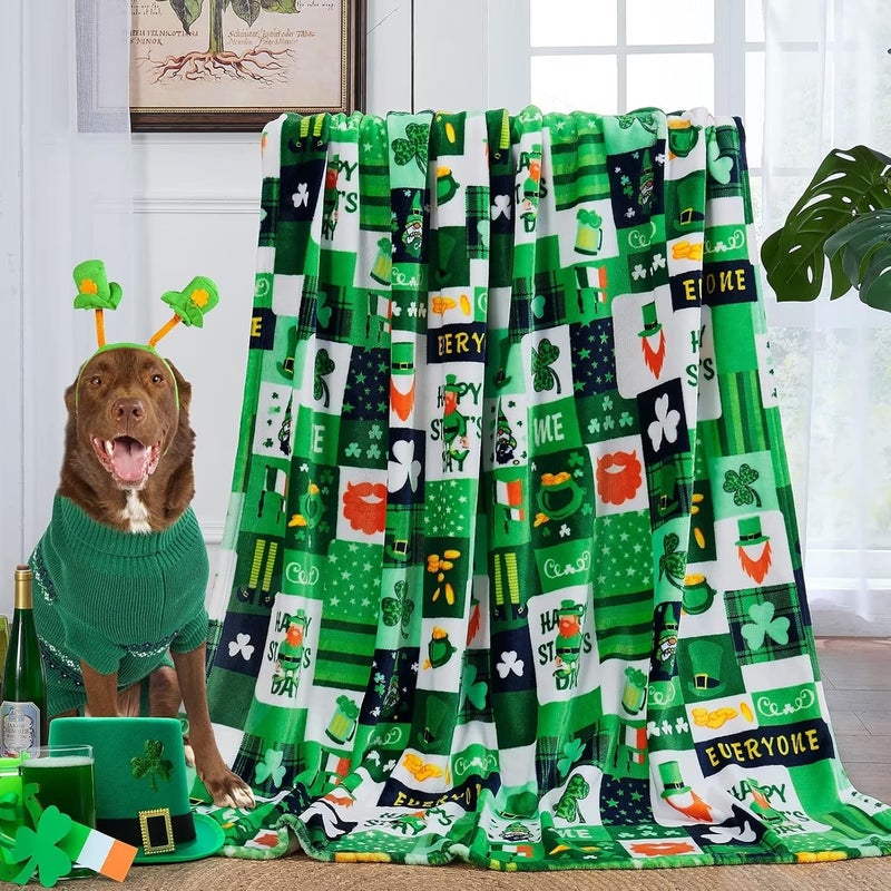 inhand St Patricks Day Throw Blanket 40” X 50”, Clovers and Shamrocks Design Super Soft Flannel Fleece Blanket, Green Gnome Leaf Saints Blanket Decorations for Bed Couch Living Room Sofa (Plaid) - Image 1