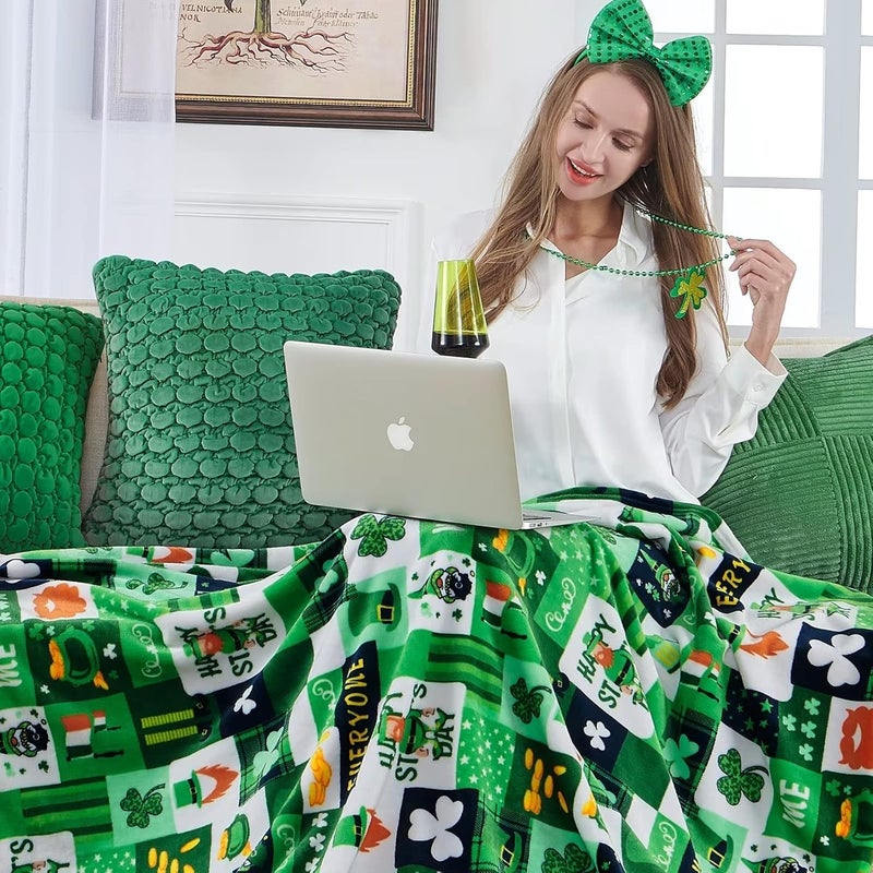 inhand St Patricks Day Throw Blanket 40” X 50”, Clovers and Shamrocks Design Super Soft Flannel Fleece Blanket, Green Gnome Leaf Saints Blanket Decorations for Bed Couch Living Room Sofa (Plaid) - Image 3