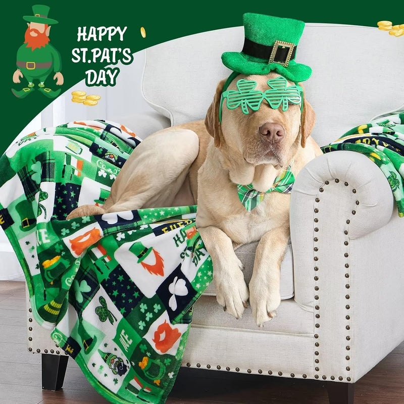 inhand St Patricks Day Throw Blanket 40” X 50”, Clovers and Shamrocks Design Super Soft Flannel Fleece Blanket, Green Gnome Leaf Saints Blanket Decorations for Bed Couch Living Room Sofa (Plaid) - Image 4