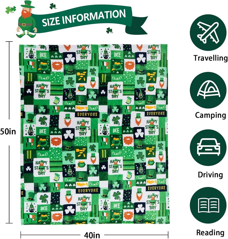 inhand St Patricks Day Throw Blanket 40” X 50”, Clovers and Shamrocks Design Super Soft Flannel Fleece Blanket, Green Gnome Leaf Saints Blanket Decorations for Bed Couch Living Room Sofa (Plaid) - Image 2