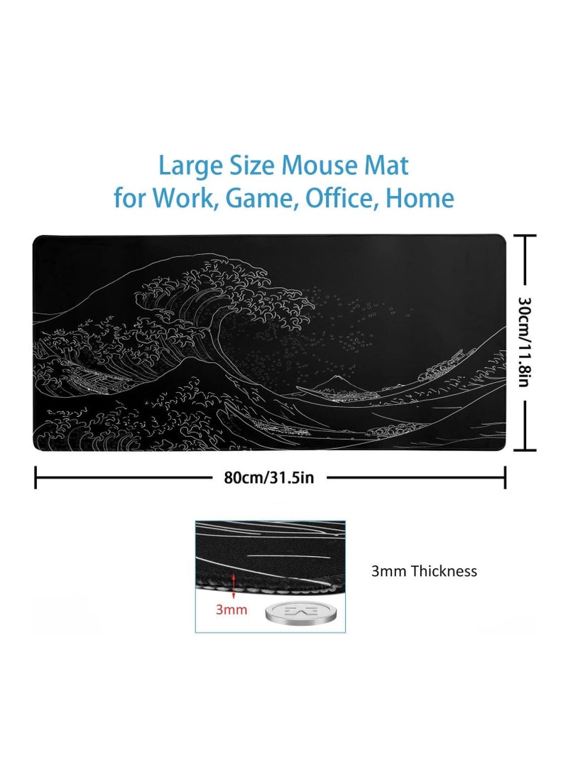 DUNISO Gaming Mouse Pads With Large Size 80X30cm, Japanese Sea Wave, Mouse Mat For Computer, Office, Non Slip Rubber Base, Waterpfoof, Easy To Clean(Black) - Image 3