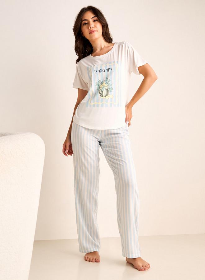 سبلاش فيڤ طقم بيجامة مخطط وتيشيرت بطبعة جرافيك - Image 3