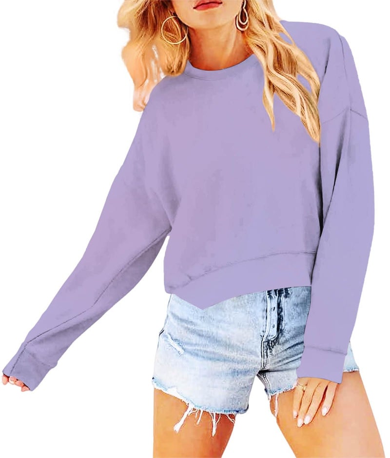 Joywayco Women's Long Sleeve Round Neck Cropped Sweatshirts Comfy Fleece Casual Pullover Tops (Purple,Small,Female,Adult,US,Alpha,Small,Regular,Regular) - Image 2