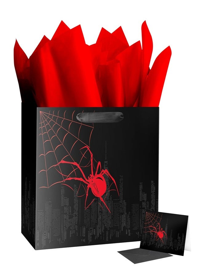Linelglobal Large Spider Gift Bag with Tissue Paper Black Red Design for Boy Birthday Party Spider Theme Web Decoration 15.6 - Image 1