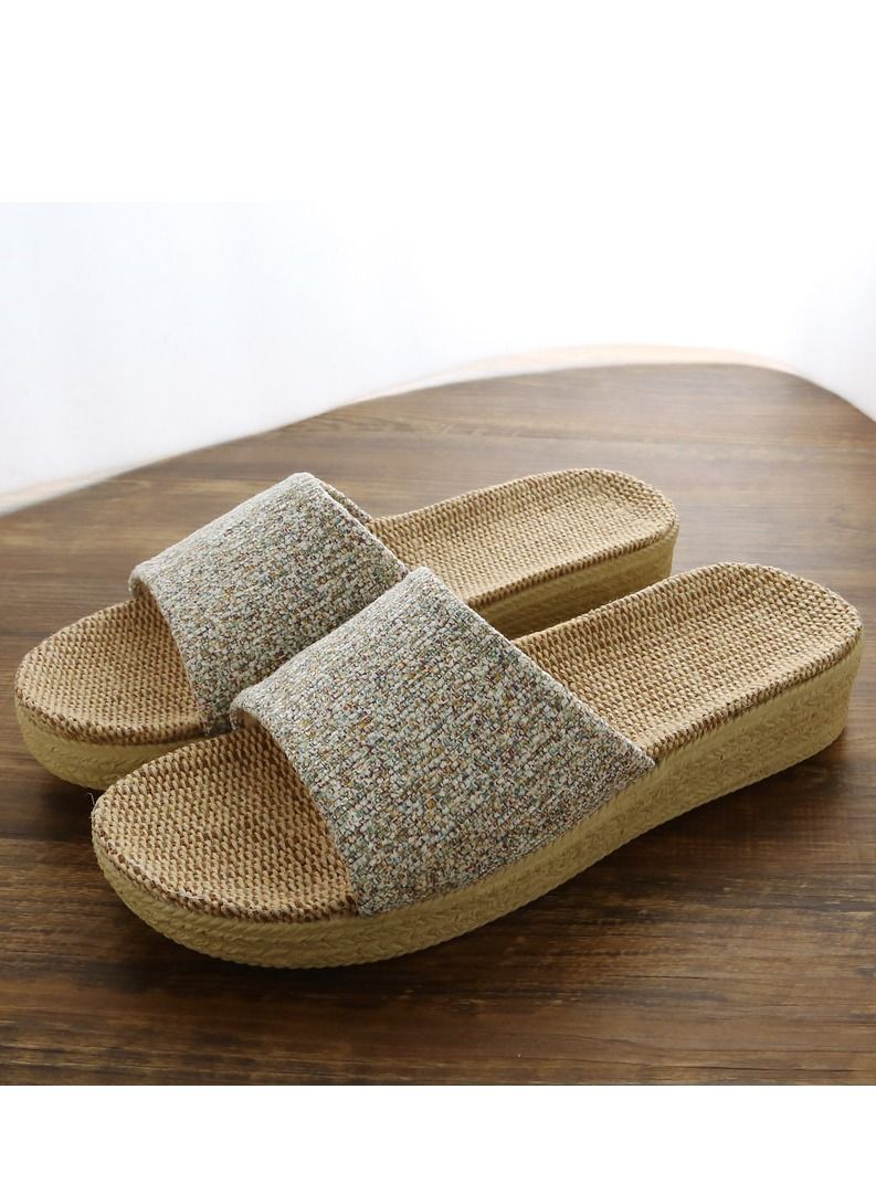 Loquat Simple Style Thick soled Flax Flat Slippers Non Slip Linen Indoor Slippers Open Toe White Mix 