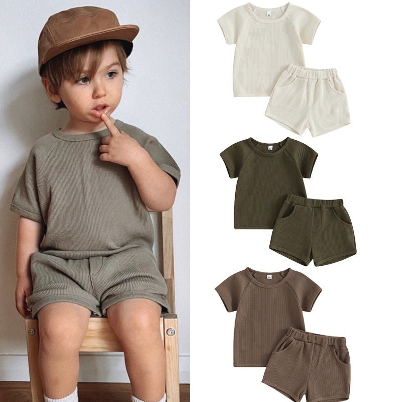 Children''s Summer suit South Korea Children''s Short-sleeved Shorts suit Waffler Children''s Home Wearing suit - Image 2
