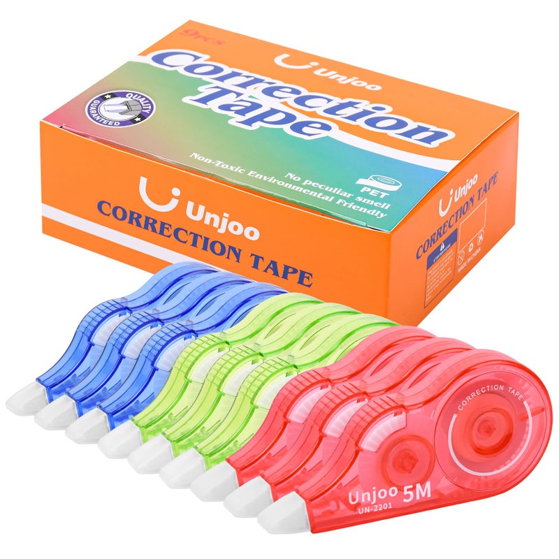 Unjoo شريط تصحيح أبيض من أنجو، سهل الاستخدام لتصحيح الأخطاء فوراً، يُصحح الكتابة الخاطئة في أي وقت، للمدرسة والمكتب (عبوة من 9 قطع، 5 أمتار/196 بوصة × 0.2 بوصة، أحمر، أخضر، أزرق) - Image 1