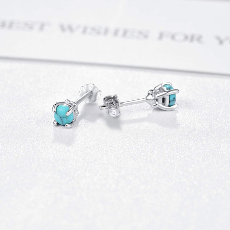Cuoka Turquoise Studs Earrings, 925 Sterling Silver 4mm Round Shape Tiny Studs, Turquoise Jewelry Present for Women Girlfriend - Image 3