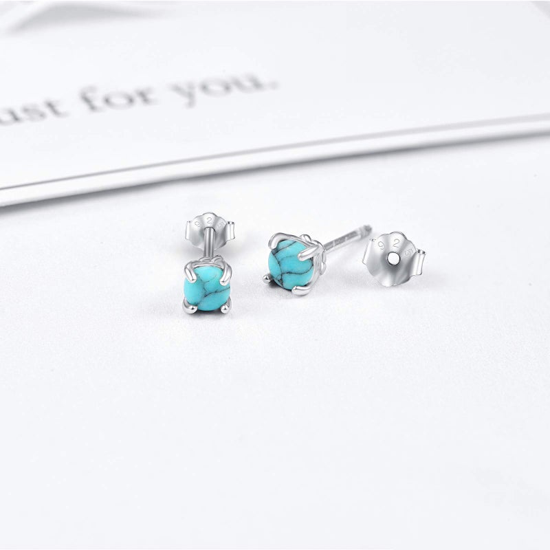 Cuoka Turquoise Studs Earrings, 925 Sterling Silver 4mm Round Shape Tiny Studs, Turquoise Jewelry Present for Women Girlfriend - Image 2