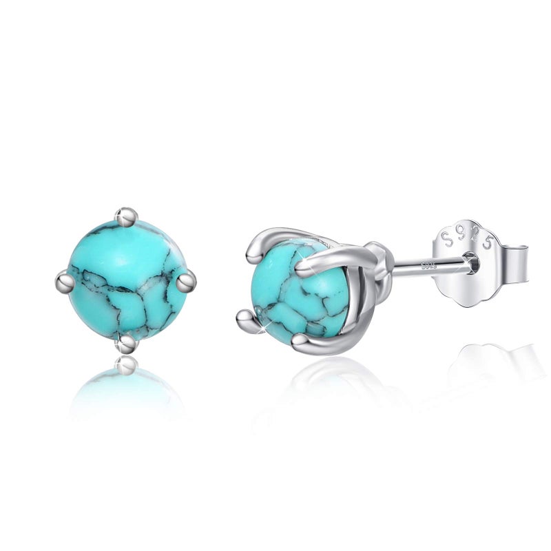 Cuoka Turquoise Studs Earrings, 925 Sterling Silver 4mm Round Shape Tiny Studs, Turquoise Jewelry Present for Women Girlfriend - Image 1