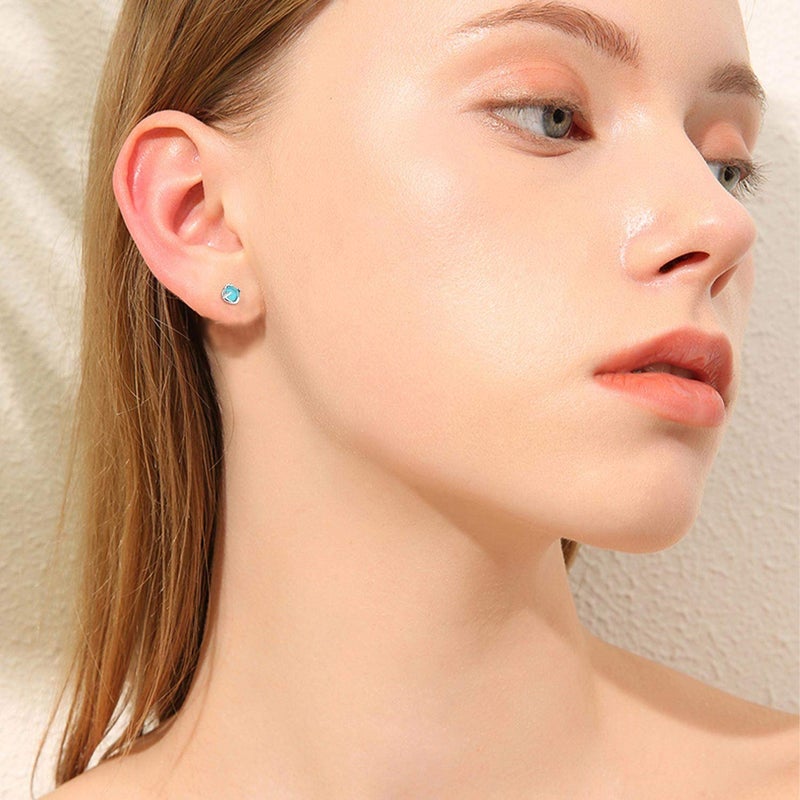 Cuoka Turquoise Studs Earrings, 925 Sterling Silver 4mm Round Shape Tiny Studs, Turquoise Jewelry Present for Women Girlfriend - Image 4