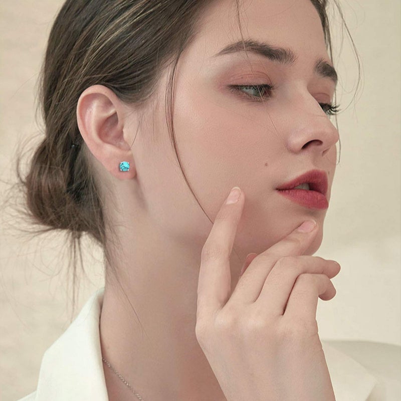 Cuoka Turquoise Studs Earrings, 925 Sterling Silver 4mm Round Shape Tiny Studs, Turquoise Jewelry Present for Women Girlfriend - Image 5