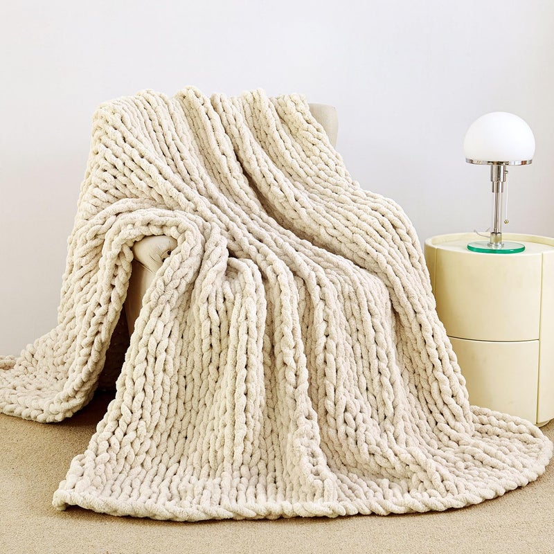 Admitrack Chunky Knit Blanket Throw, 100% Hand Knit Chenille Throw Blanket for Sofa & Home Decor, Soft and Cozy Knitted Throw Blankets (Ivory, 60"x80") - Image 1
