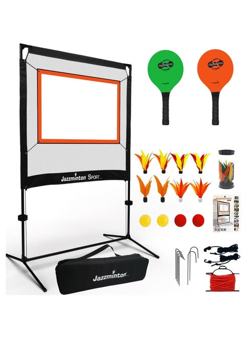 JAZZMINTON Sport Portable Game Set, Indoor & Outdoor No Boundaries Play Set with Net, 2 Paddles, 8 Birdies, Carrying Bag, Similar to Pickleball, Badminton and Tennis with A Whole New Spin On It