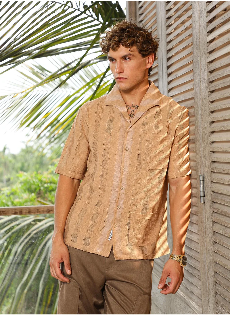 كامبوس سوترا Men's Sand Beige Swirl Open-Knit Shirt For Casual Wear | Spread Collar | Short Regular Sleeves | Button Closure | Oversized Shirt Crafted With Comfort Fit For Everyday Wear