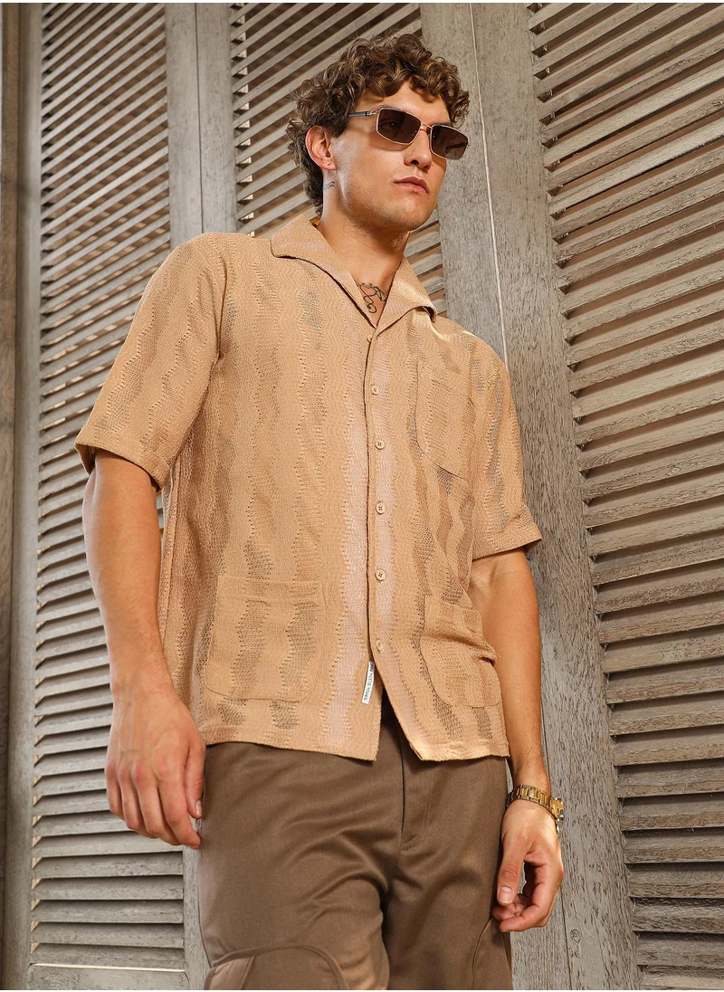 كامبوس سوترا Men's Sand Beige Swirl Open-Knit Shirt For Casual Wear | Spread Collar | Short Regular Sleeves | Button Closure | Oversized Shirt Crafted With Comfort Fit For Everyday Wear