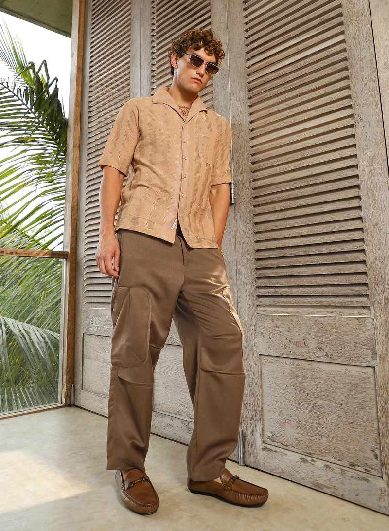 Campus Sutra Men's Sand Beige Swirl Open-Knit Shirt For Casual Wear | Spread Collar | Short Regular Sleeves | Button Closure | Oversized Shirt Crafted With Comfort Fit For Everyday Wear