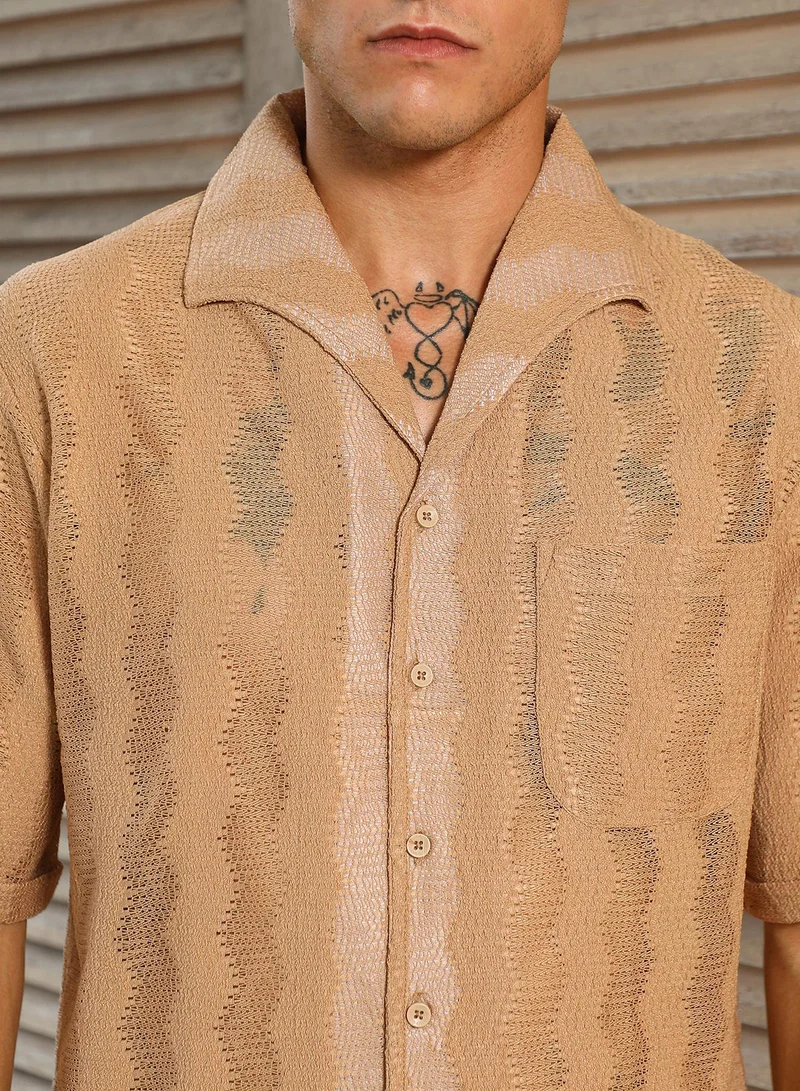 Campus Sutra Men's Sand Beige Swirl Open-Knit Shirt For Casual Wear | Spread Collar | Short Regular Sleeves | Button Closure | Oversized Shirt Crafted With Comfort Fit For Everyday Wear