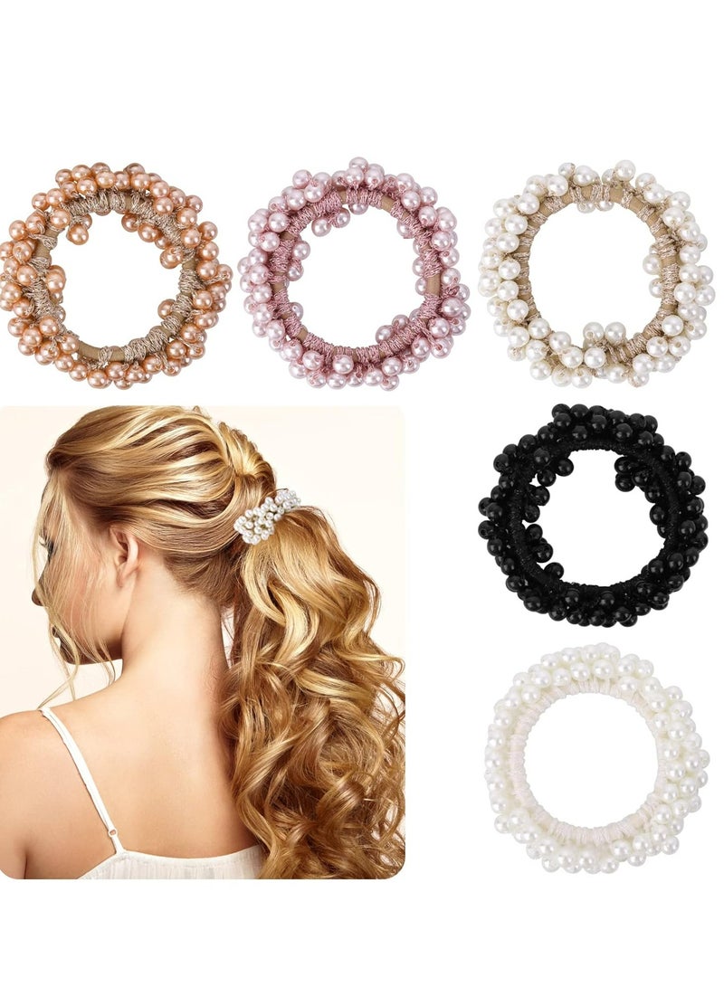 إسكدنيا 5 قطع ربطات شعر من اللؤلؤ وأحجار الراين، ربطات شعر مرنة (وردي شمباني، أبيض)، إكسسوارات شعر للنساء والفتيات - Image 1