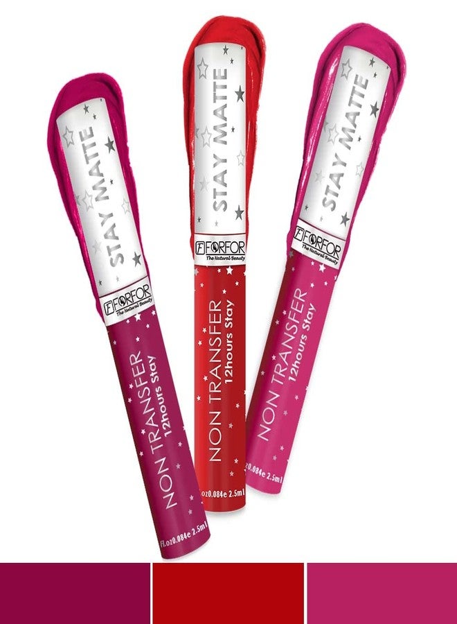 فور فور أحمر شفاه سائل غير لامع طويل الأمد من فورفور®، فائق الصبغة ومقاوم للماء (عبوة من 3 ألوان: أحمر اليوسفي، ماجنتا التوت، وردي لامع) - Image 1