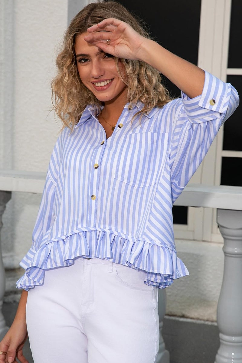 CHYRII Womens Summer Tops Dressy Casual Blouse Top Ruffled Short Sleeve Button Down Striped Shirt Blue M - Image 4