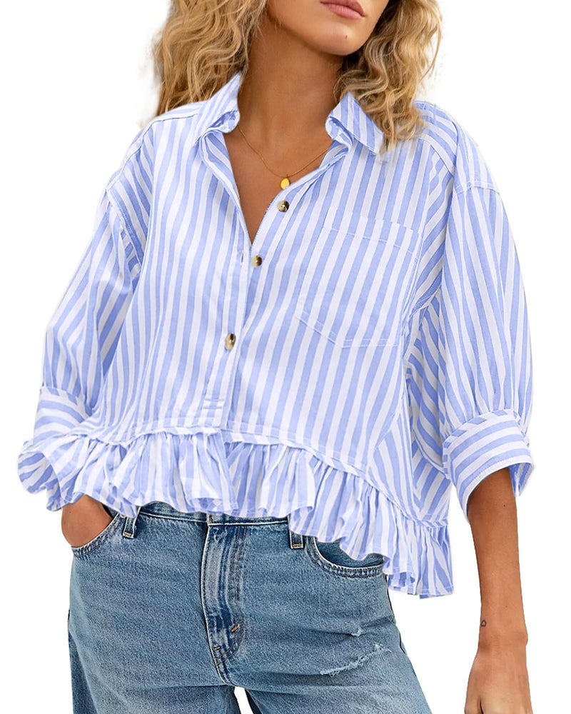 CHYRII Womens Summer Tops Dressy Casual Blouse Top Ruffled Short Sleeve Button Down Striped Shirt Blue M - Image 1