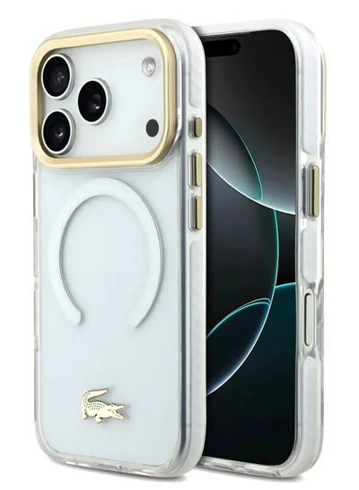 لاكوست جراب MagSafe لهاتف iPhone 17 Pro / جراب شفاف من مادة TPU+PC بلمسة نهائية غير لامعة / غطاء خلفي لجهاز iP 17 Pro - أبيض/ذهبي