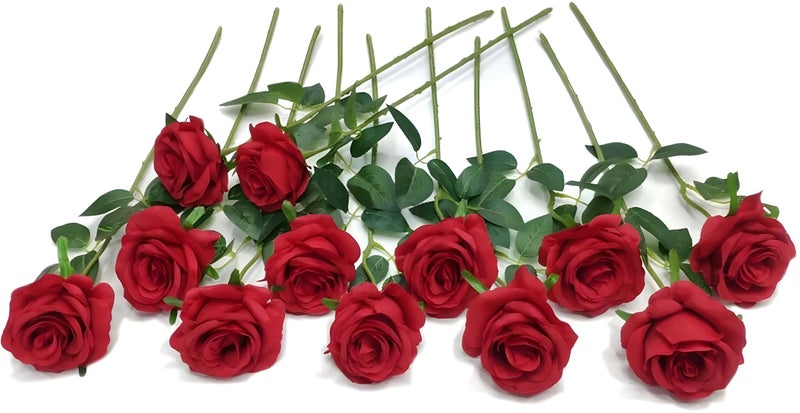 Laelfe 12 Pcs Red Roses Artificial Flowers Long Stem Fake Silk Red Flower Fake Roses for Wedding Bridal Bouquet Birthday Party Home Hotel Office Decor Red