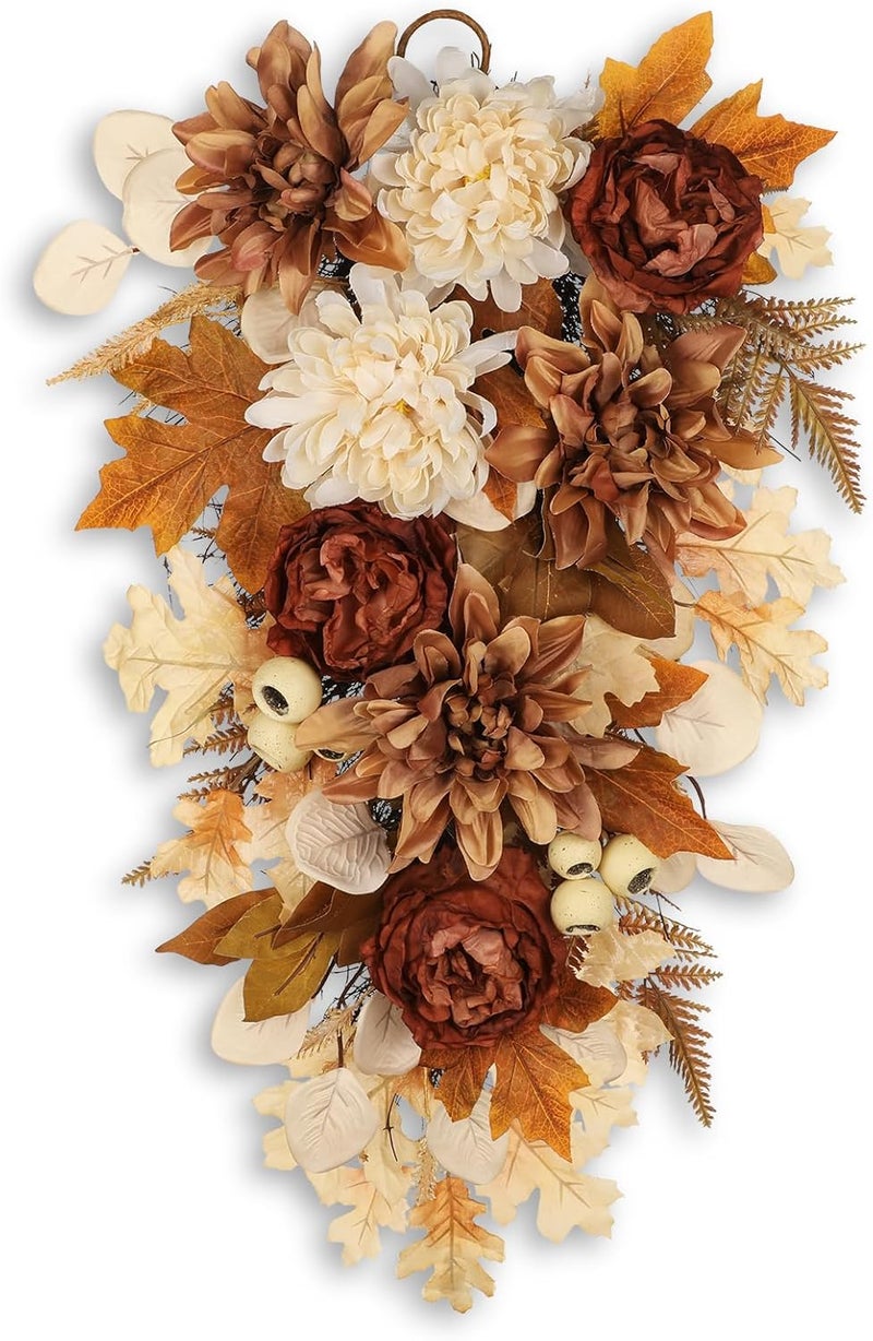 GnFlus 23.6 Inch Fall swags for Front Door Outside Autumn sway with Dahlia, Chrysanthemum, Rose, Berries & Leaves – Fall Door sway for Outdoor sways Indoor Thanksgiving Decor Champagne and Brown - Image 1