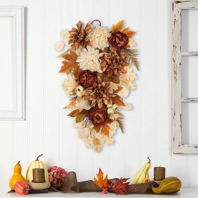 GnFlus 23.6 Inch Fall swags for Front Door Outside Autumn sway with Dahlia, Chrysanthemum, Rose, Berries & Leaves – Fall Door sway for Outdoor sways Indoor Thanksgiving Decor Champagne and Brown - Image 2