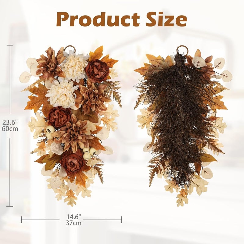 GnFlus 23.6 Inch Fall swags for Front Door Outside Autumn sway with Dahlia, Chrysanthemum, Rose, Berries & Leaves – Fall Door sway for Outdoor sways Indoor Thanksgiving Decor Champagne and Brown - Image 3