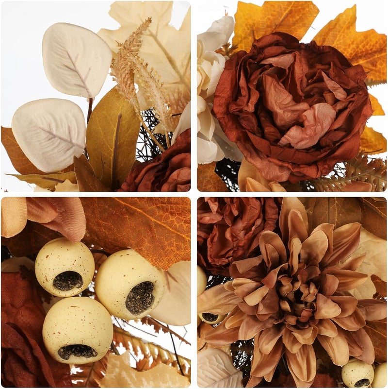 GnFlus 23.6 Inch Fall swags for Front Door Outside Autumn sway with Dahlia, Chrysanthemum, Rose, Berries & Leaves – Fall Door sway for Outdoor sways Indoor Thanksgiving Decor Champagne and Brown - Image 4