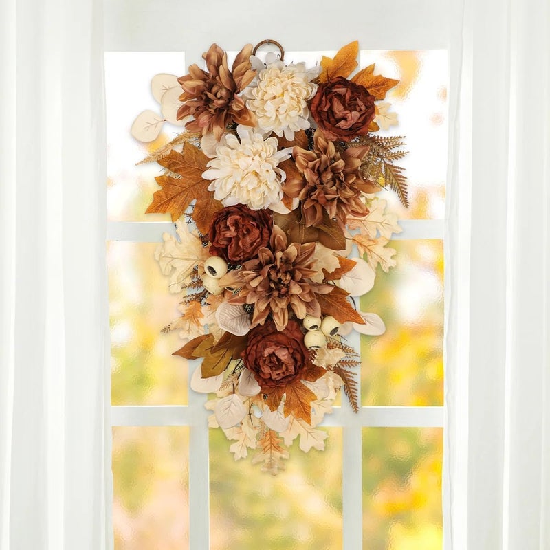 GnFlus 23.6 Inch Fall swags for Front Door Outside Autumn sway with Dahlia, Chrysanthemum, Rose, Berries & Leaves – Fall Door sway for Outdoor sways Indoor Thanksgiving Decor Champagne and Brown - Image 5