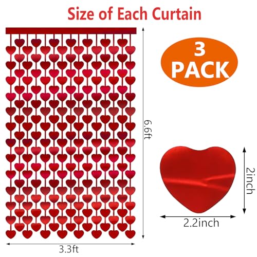 INPLUSTOP 3 Pack Valentines Day Decorations, 3.3 x 6.6 FT Red Heart Foil Fringe Curtains Valentine's Photo Backdrop Streamers for Valentines Party Decorations Galentines Day Decor Wedding Birthday Party Supplie - Image 3