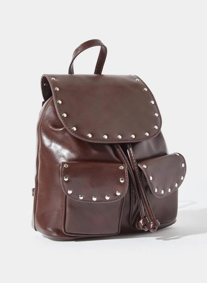 ستايلي Brown Studded Drawstring Backpack