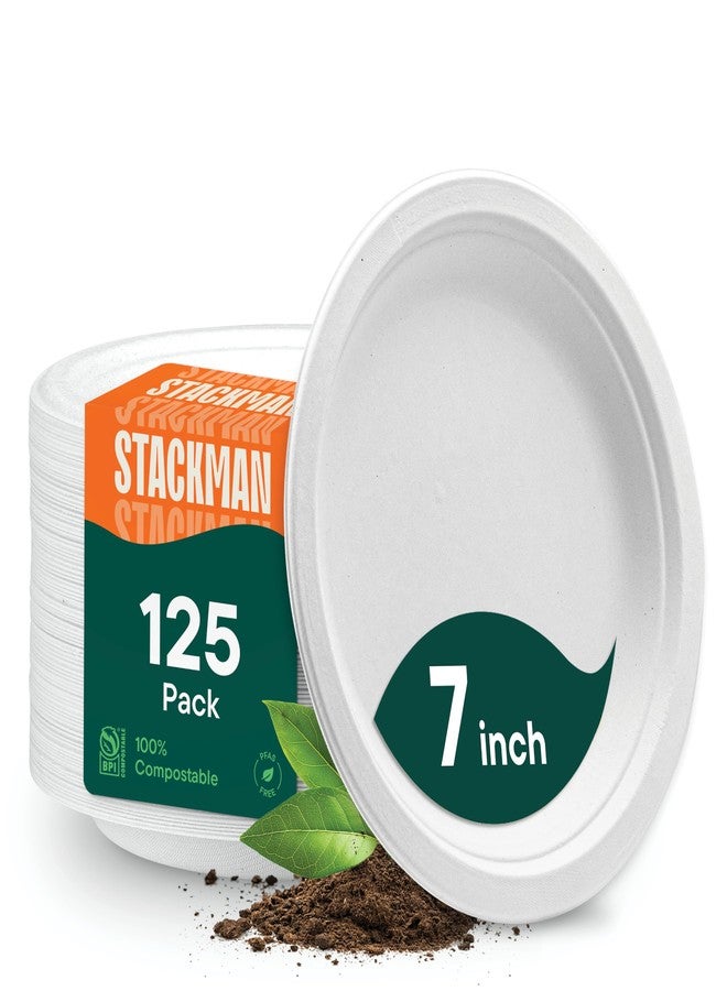 Stack Man 100% Compostable Small Paper Plates 7 Inch Heavy-Duty [125-Pack] Eco-Friendly White Bagasse Disposable Dessert Cake Plates - 7" Biodegradable Plate (BPI-Certified) (PFAS-Free) - Image 1