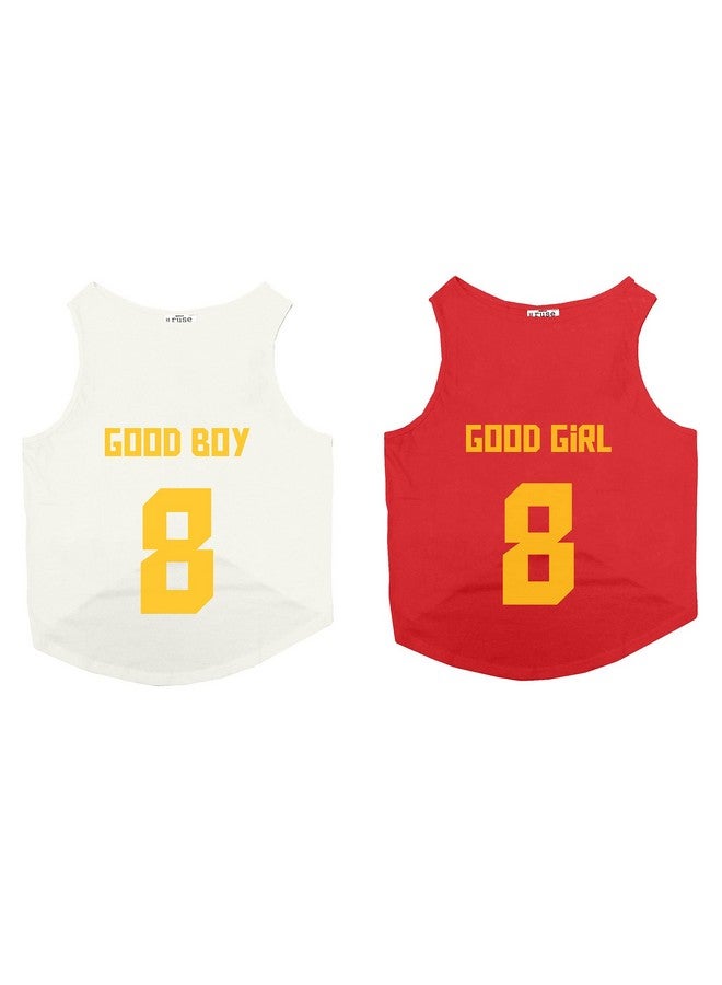روسيبين مجموعة من 2 قميص Good Boy & Good Girl Jersey رقم 8 مطبوع عليه شعار Good Boy & Good Girl، سترة بدون أكمام للكلاب، تي شيرت/تي شيرت، مجموعة ملابس/ملابس/تي شيرت هدية للكلاب (أبيض/أحمر) مقاس Xx-Small (تشيهواهوا، بابيلون) - Image 2