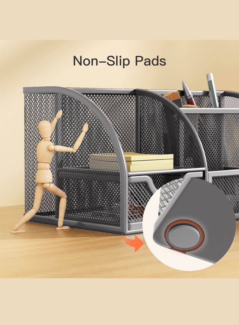 Mesh Desk Organizer Multifunctional Desktop Office Supplies Holder with 6 Compartments and 1 Drawer for Home School Classroom Office Stationery Storage Box - Image 2