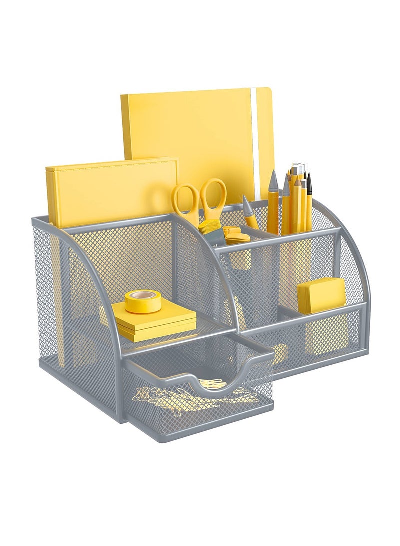 Mesh Desk Organizer Multifunctional Desktop Office Supplies Holder with 6 Compartments and 1 Drawer for Home School Classroom Office Stationery Storage Box - Image 1