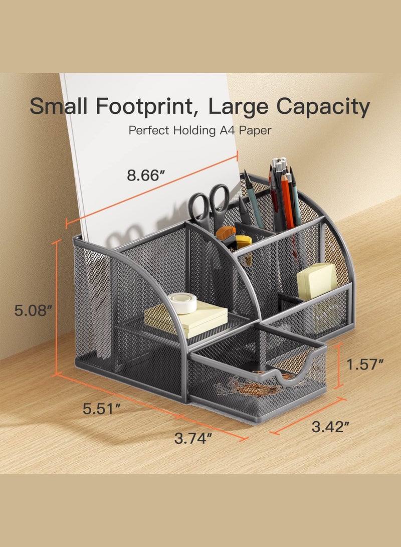 Mesh Desk Organizer Multifunctional Desktop Office Supplies Holder with 6 Compartments and 1 Drawer for Home School Classroom Office Stationery Storage Box - Image 4
