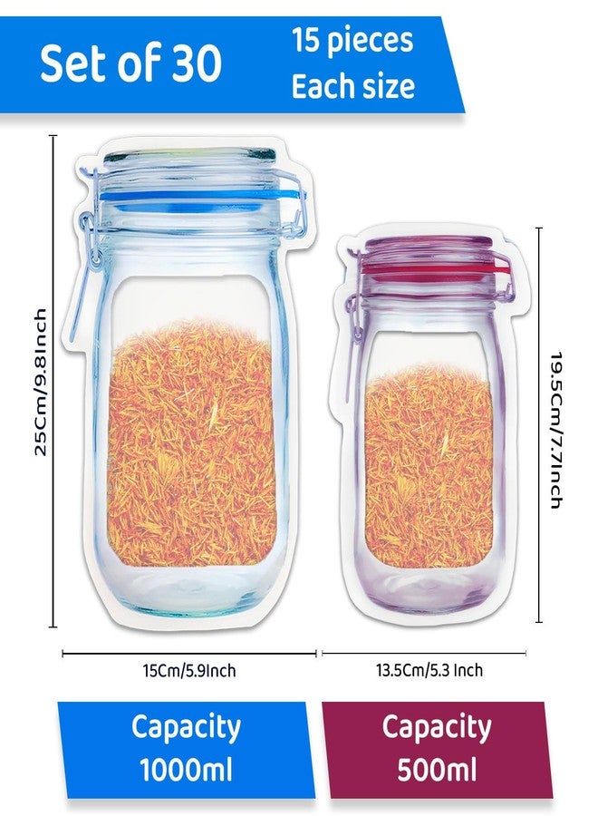 SKY FLEXI PACK Mason Jar Ziplock Bags, 30 Pcs Set (15 Pcs Each of 13.5x19.5cm & 15x25cm), Bottle Shaped Airtight Pouches for Fridge, Freezer, Kitchen & Travel Storage, Reusable & Leakproof - Image 2