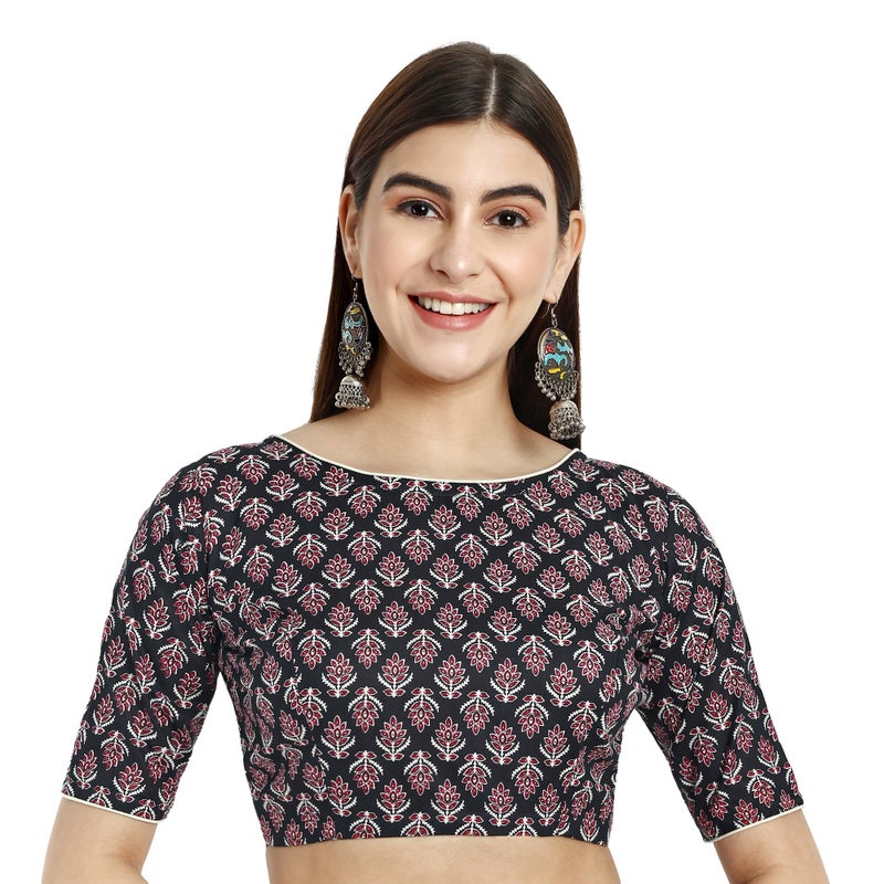 JISB Women' Boat Neck Cotton Printed Saree Blouse (44, Black) - Image 5