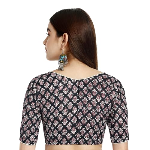 JISB Women' Boat Neck Cotton Printed Saree Blouse (44, Black) - Image 3